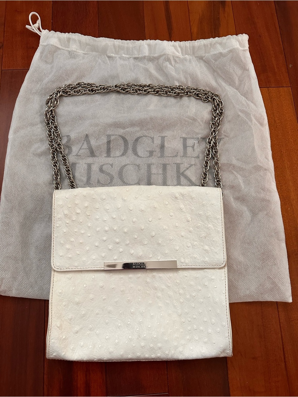 Badgley Mischka White Ostrich-Embossed Chain Shoulder Bag